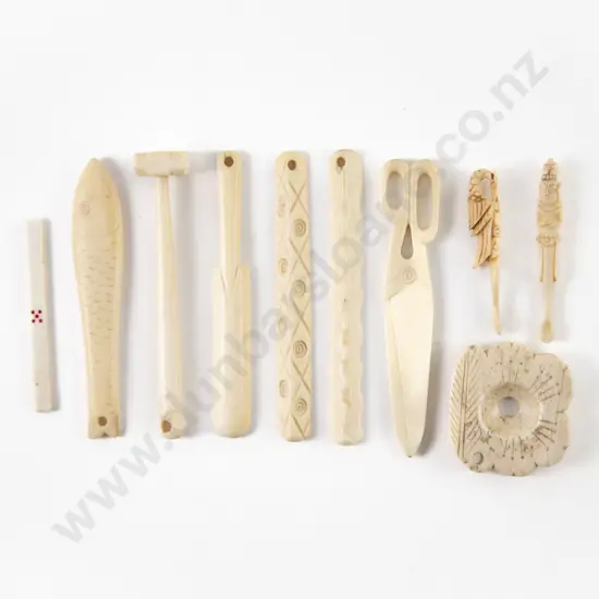 Seven Carved Ivory Implement Pendants with Two Opium Spoons