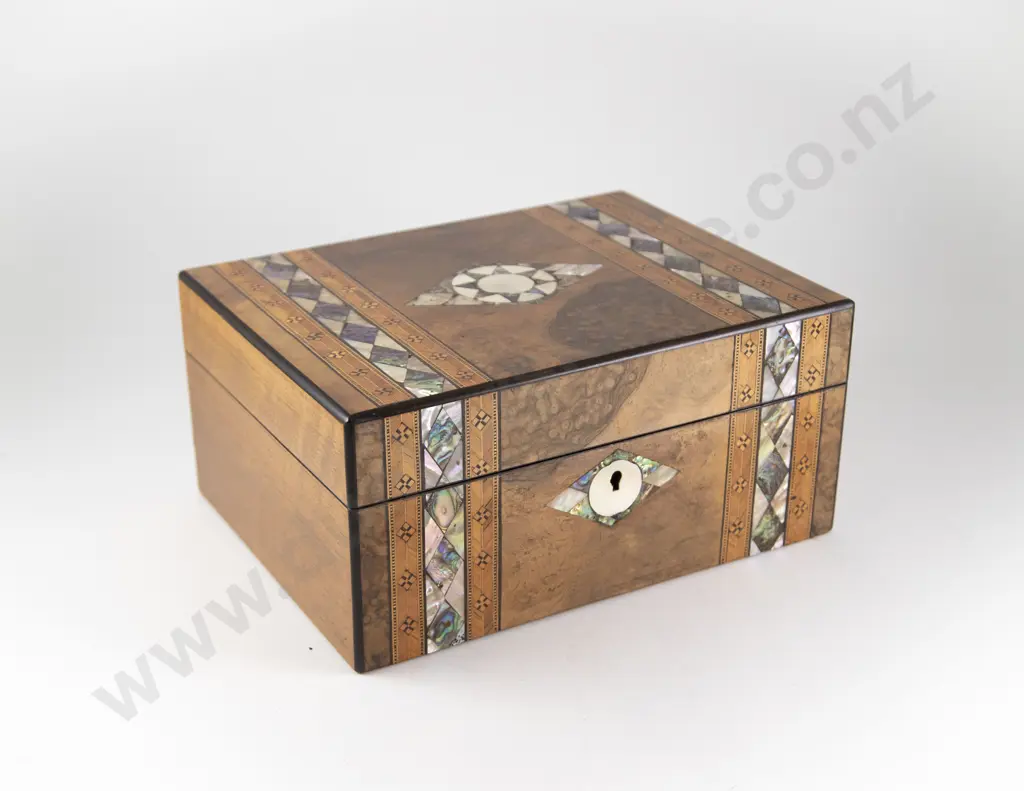 Victorian Walnut MOP Abalone and Parquetry Inlaid Sewing Box with Contents Image 1++