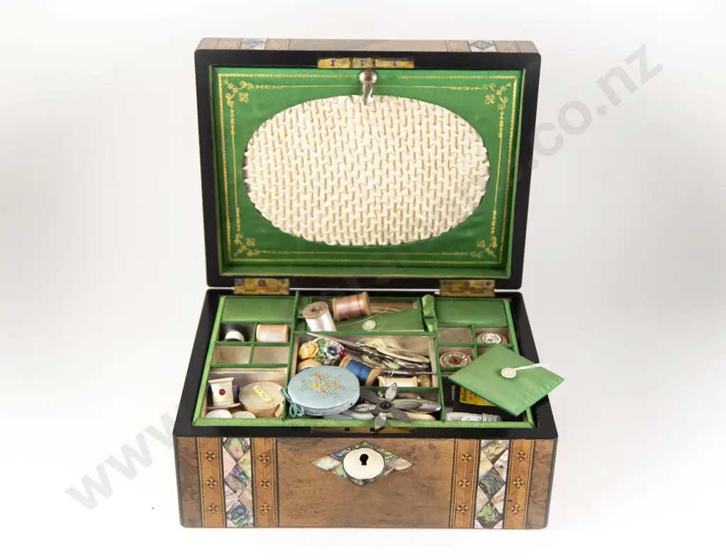 Victorian Walnut MOP Abalone and Parquetry Inlaid Sewing Box with Contents Image 1++