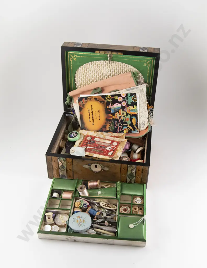 Victorian Walnut MOP Abalone and Parquetry Inlaid Sewing Box with Contents Image 1++