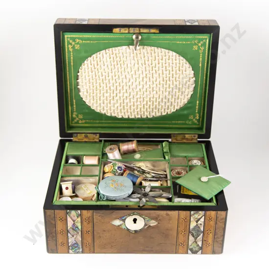 Victorian Walnut MOP Abalone and Parquetry Inlaid Sewing Box with Contents