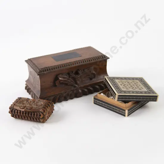 Late Victorian Carved Oak Trinket Box with Snuff Box and Mosaic Box