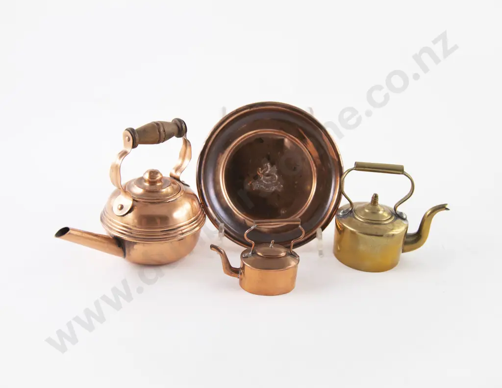 Three Miniature and Small Copper and Brass Kettles and Tray Image 1++