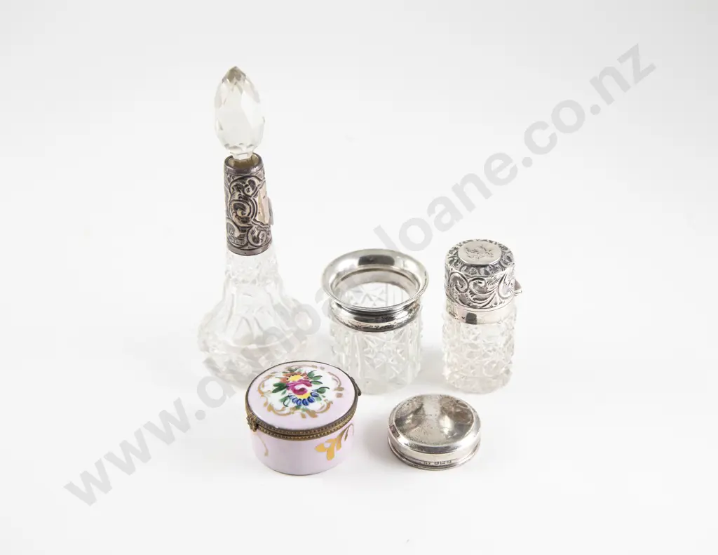 Three S/S Mounted Vanity Bottles with Limoges Porcelain Pill Box Image 1++