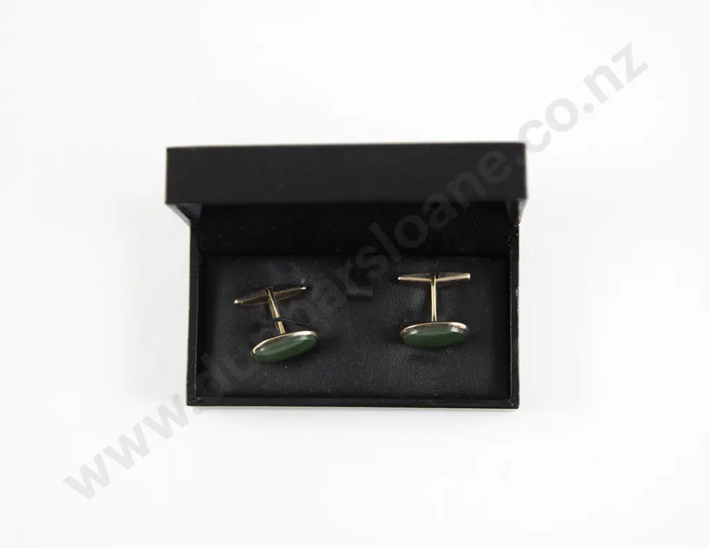 9ct Single Greenstone Oval Panel Cufflinks Image 1++