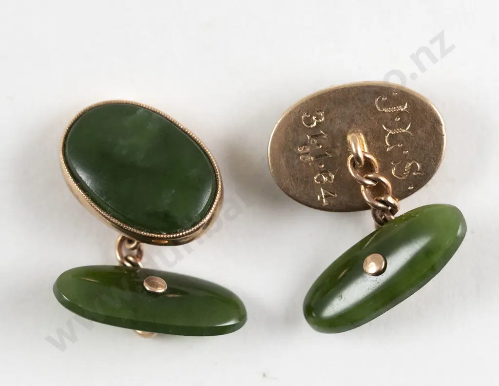 Pair 9ct Mounted Greenstone Cuff LInks Image 1++