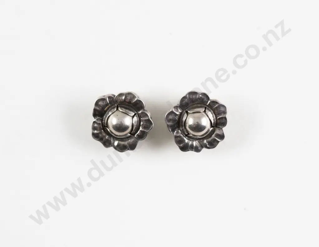 Pair Georg Jensen .925 Silver Denmark #2002 Flower Head Clip Earrings Image 1++