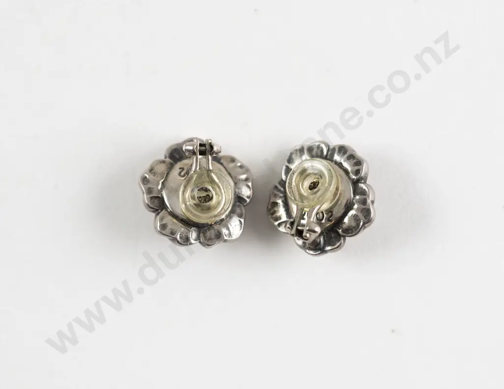 Pair Georg Jensen .925 Silver Denmark #2002 Flower Head Clip Earrings Image 1++