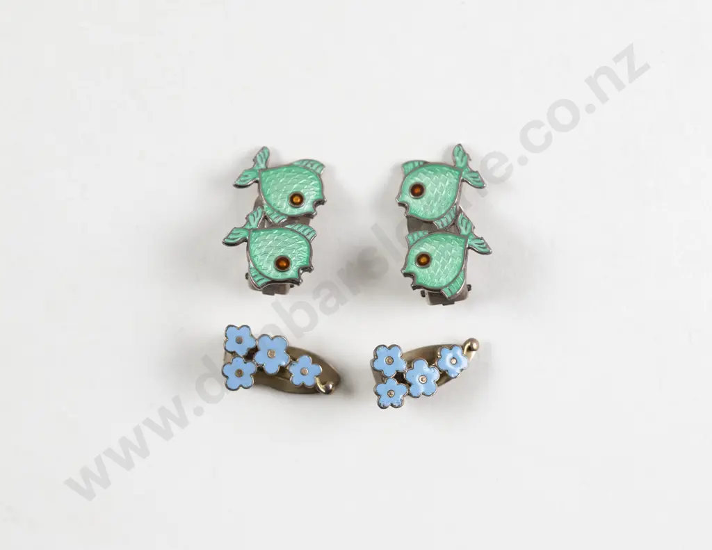 Two Pair .925 Sterling Denmark & Enamel Novelty Clip Earrings Image 1++
