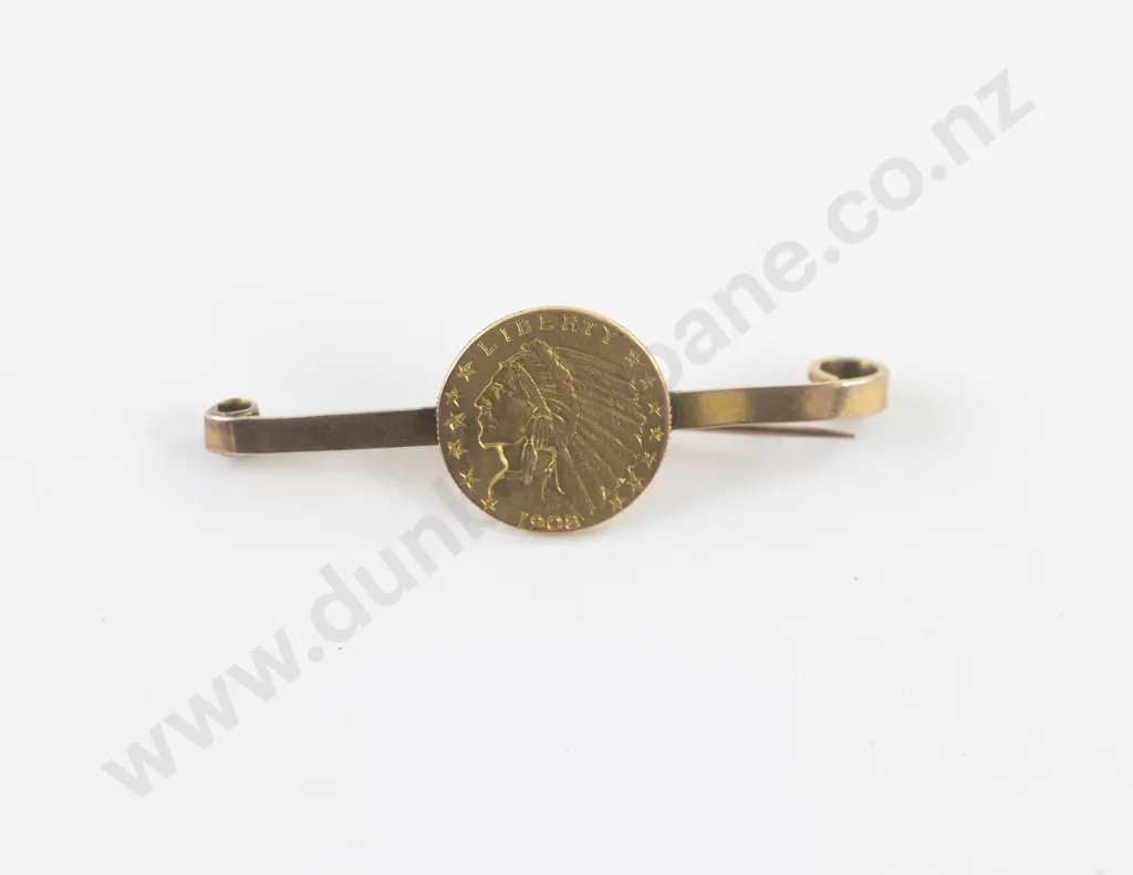 US 1908 Indian Head 2 1/2 Dollar Gold Coin on 9ct Bar Brooch Image 1++