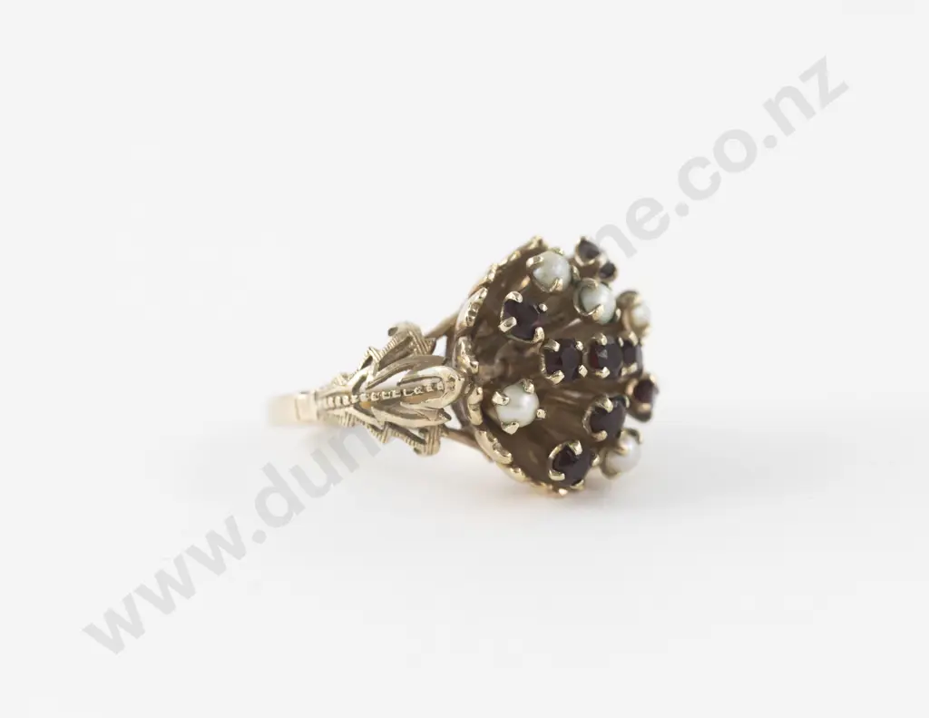 9ct 13stone Garnet and Pearl Cluster Dress Ring Image 1++
