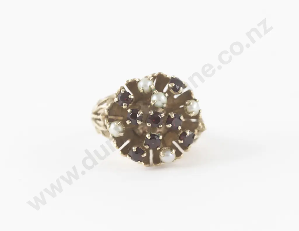 9ct 13stone Garnet and Pearl Cluster Dress Ring Image 1++