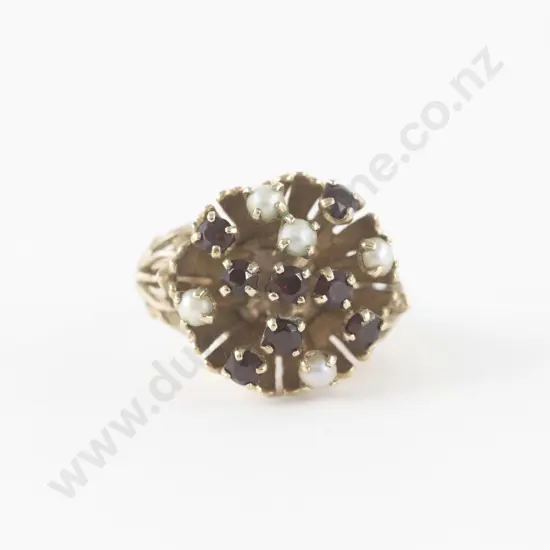 9ct 13stone Garnet and Pearl Cluster Dress Ring