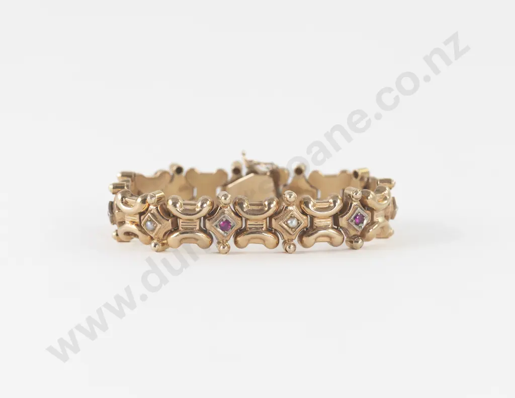 14ct Eleven Stone Ruby and Seed Pearl Fancy Link Bracelet Image 1++