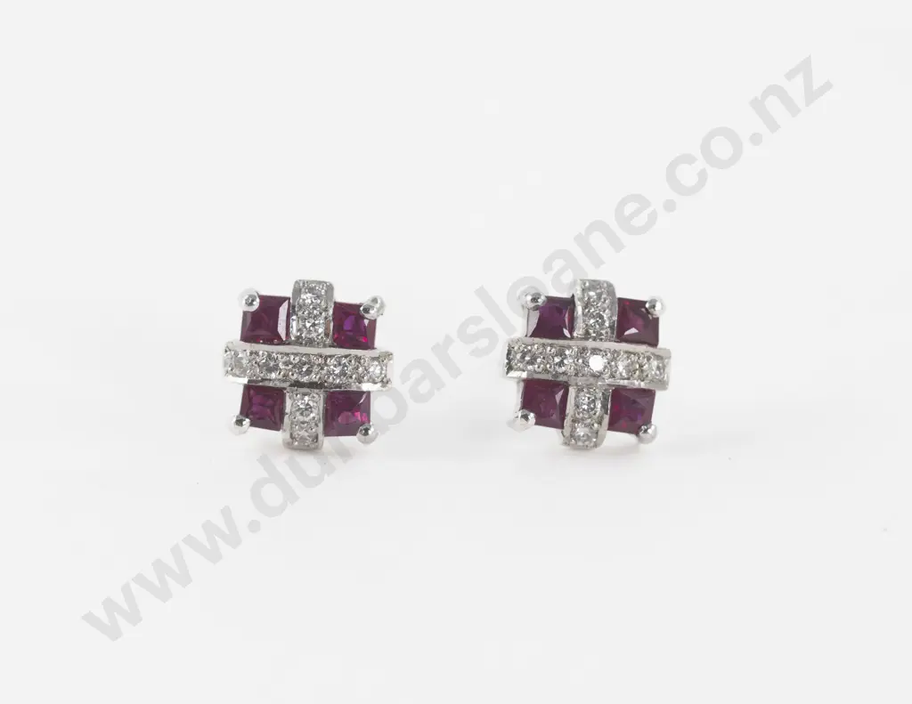 Pair 18ct White Gold Ruby and Diamond Cluster Stud Earrings Image 1++