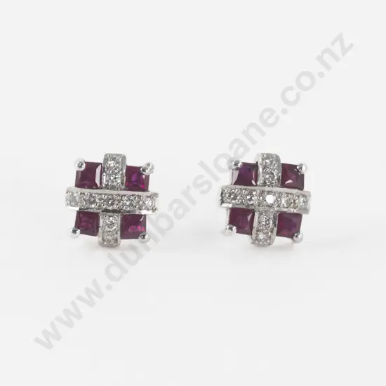 Pair 18ct White Gold Ruby and Diamond Cluster Stud Earrings