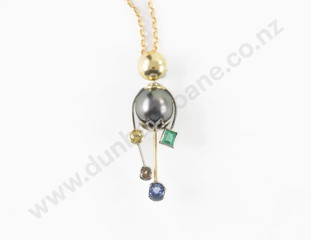 18ct Yellow & White Gold Modern Design Black Cultured Pearl Emerald and Sapphire Pendant Image 1++