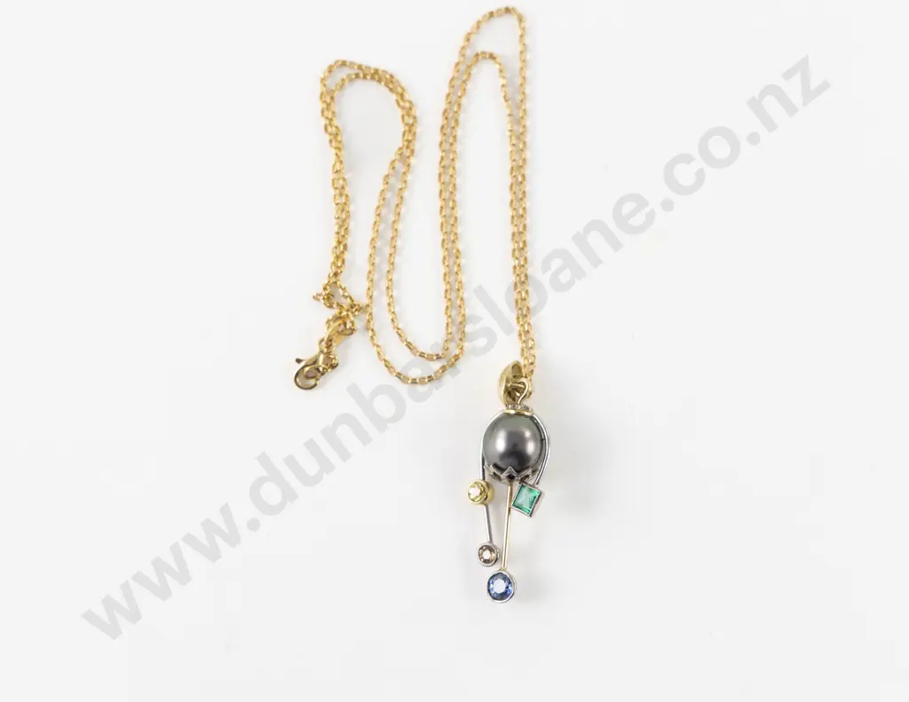 18ct Yellow & White Gold Modern Design Black Cultured Pearl Emerald and Sapphire Pendant Image 1++