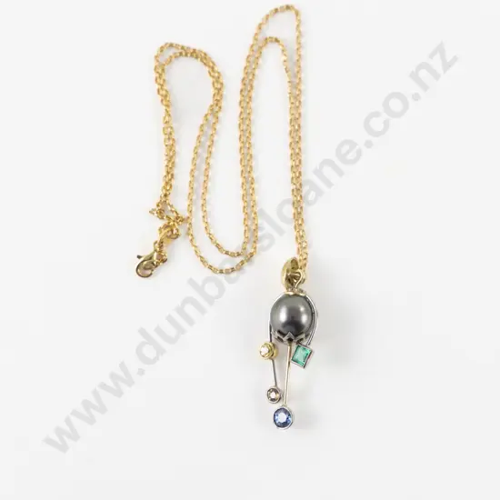 18ct Yellow & White Gold Modern Design Black Cultured Pearl Emerald and Sapphire Pendant