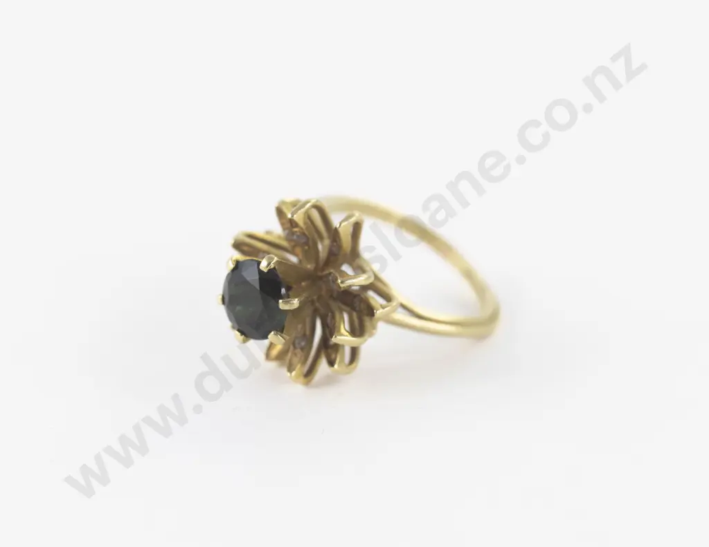 14ct Single Sapphire and Diamond Floral Dress Ring Image 1++