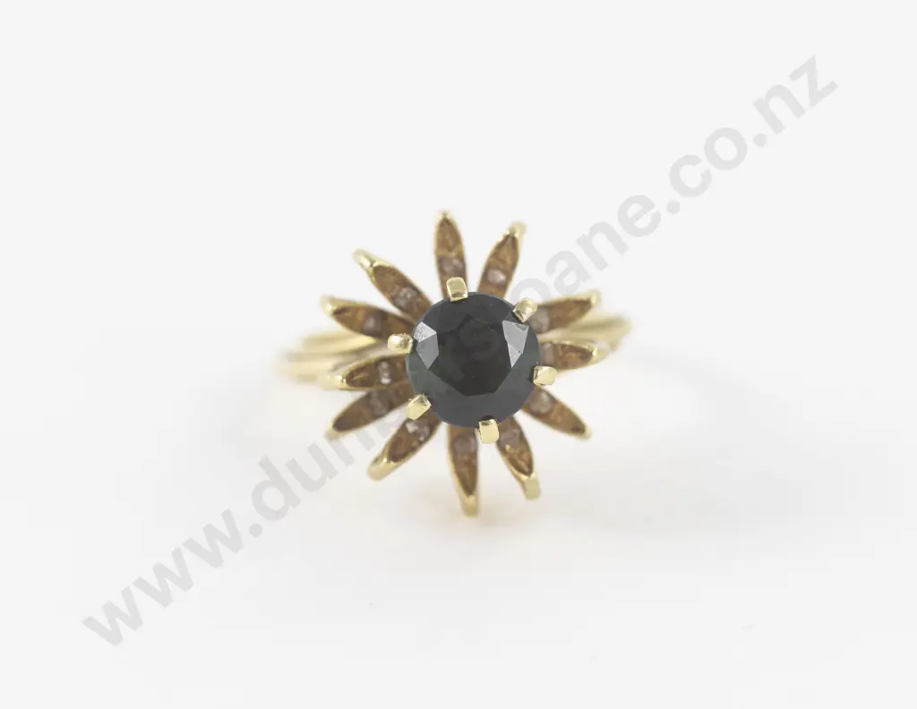 14ct Single Sapphire and Diamond Floral Dress Ring Image 1++