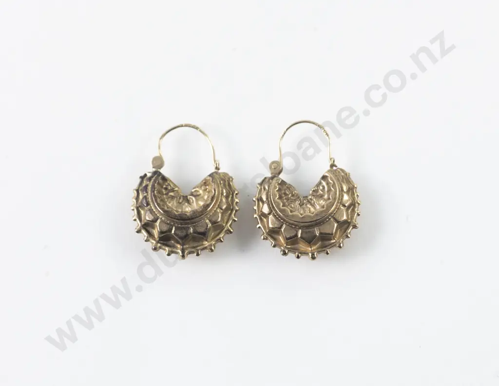 Pair 9ct Vintage Fancy Pattern Hoop Drop Pierced Earrings Image 1++
