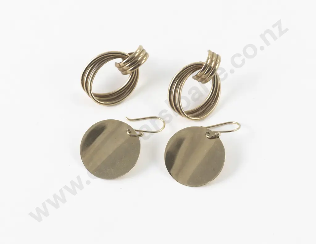Two Pair 9ct Hoop and Disc Drop Pierced Earrings Image 1++