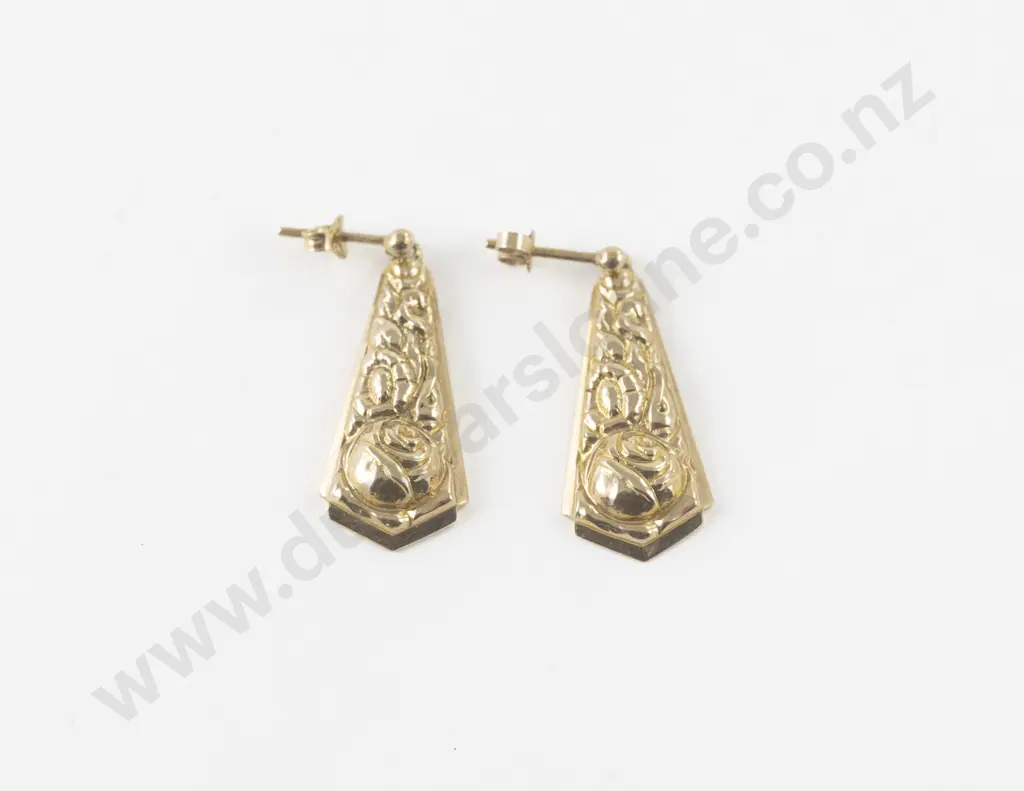 Pair 9ct Rose Embossed Pendant Drop Pierced Earrings Image 1++