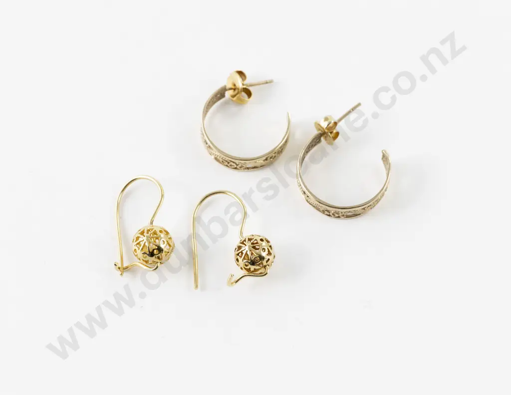 Pair 9ct Filigree Ball and Hoop Pierced Earrings Image 1++