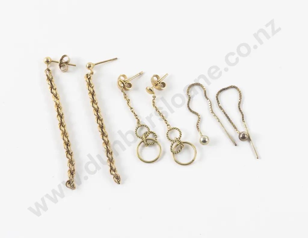 Three Pair 9ct Chain Pendant Pierced Earrings Image 1++