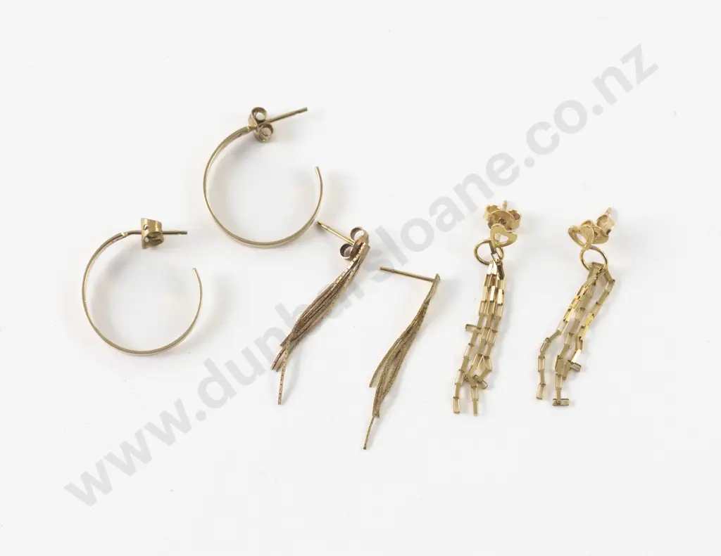 Three Pair 9ct Hoop and Chain Pierced Earrings Image 1++