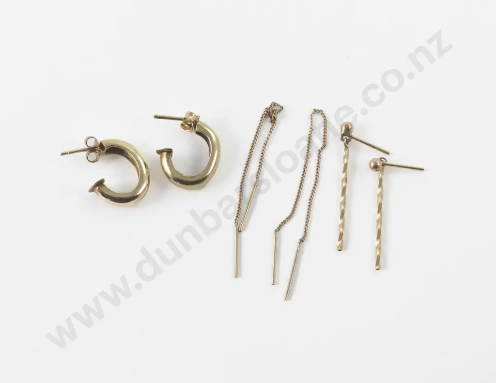 Three Pair 9ct Hoop Pendant and Chain Drop Pierced Earrings Image 1++