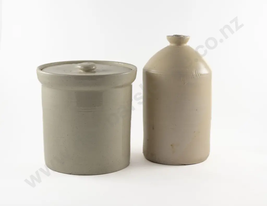 Stoppered Stoneware Flagon & Lidded Crock (a/f) & Other Image 1++