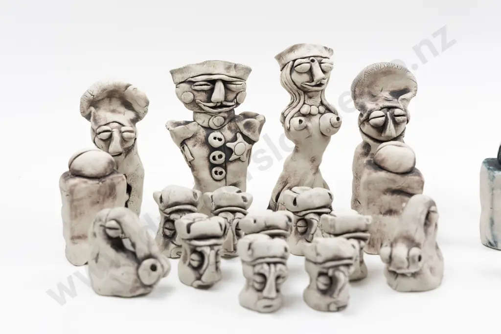 NZ Pottery Part Glazed Figural Chess Set Image 1++