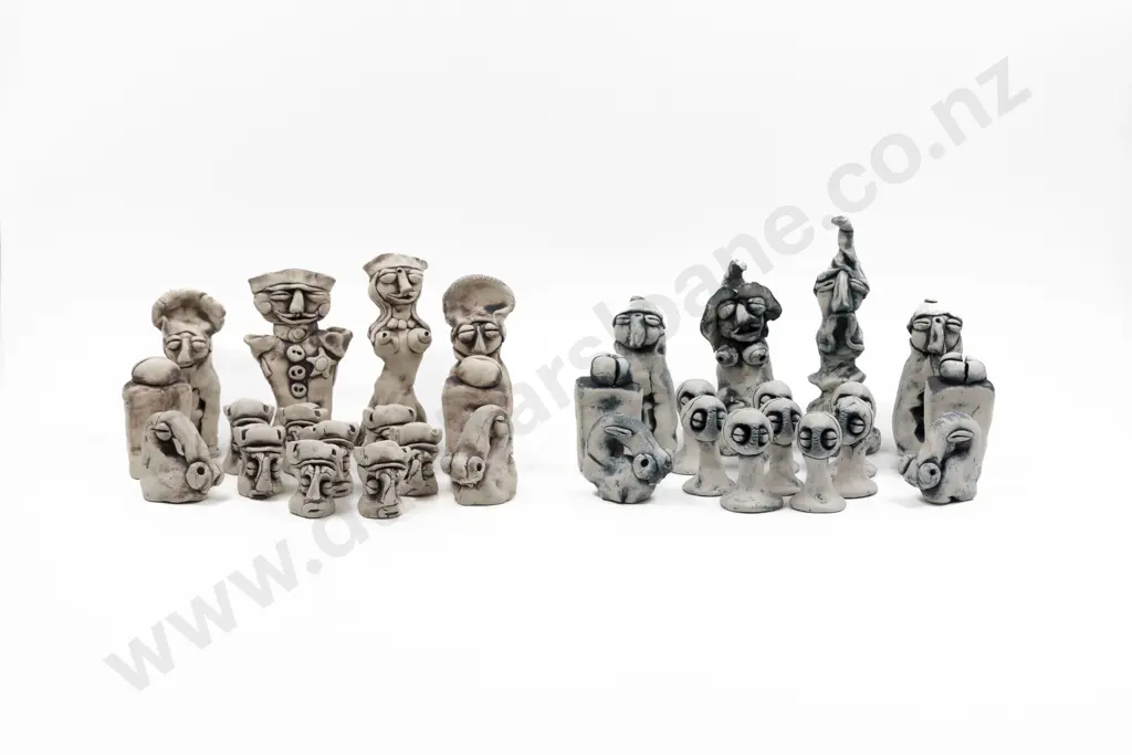 NZ Pottery Part Glazed Figural Chess Set Image 1++
