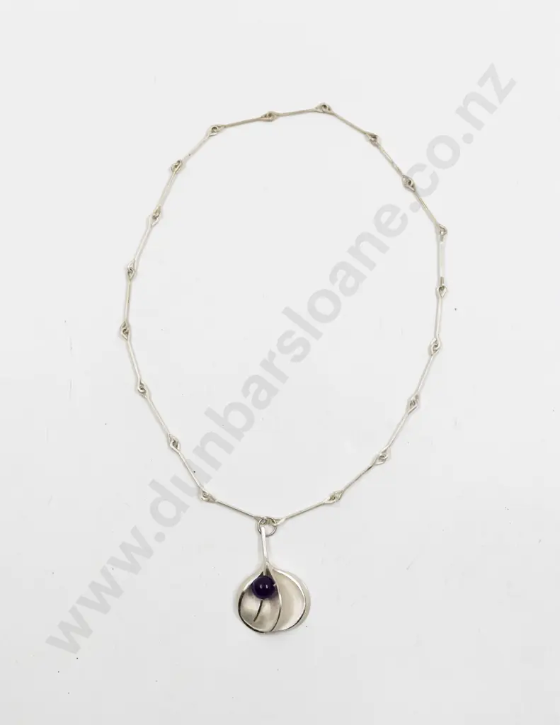 NZ Mid Century Sterling Silver & Amethyst Pendant Image 1++