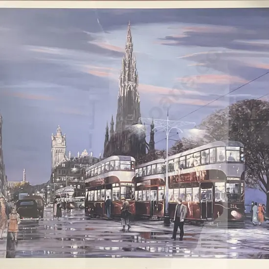 John M Boyd (Scottish b 1942) - Trams On Princes Street