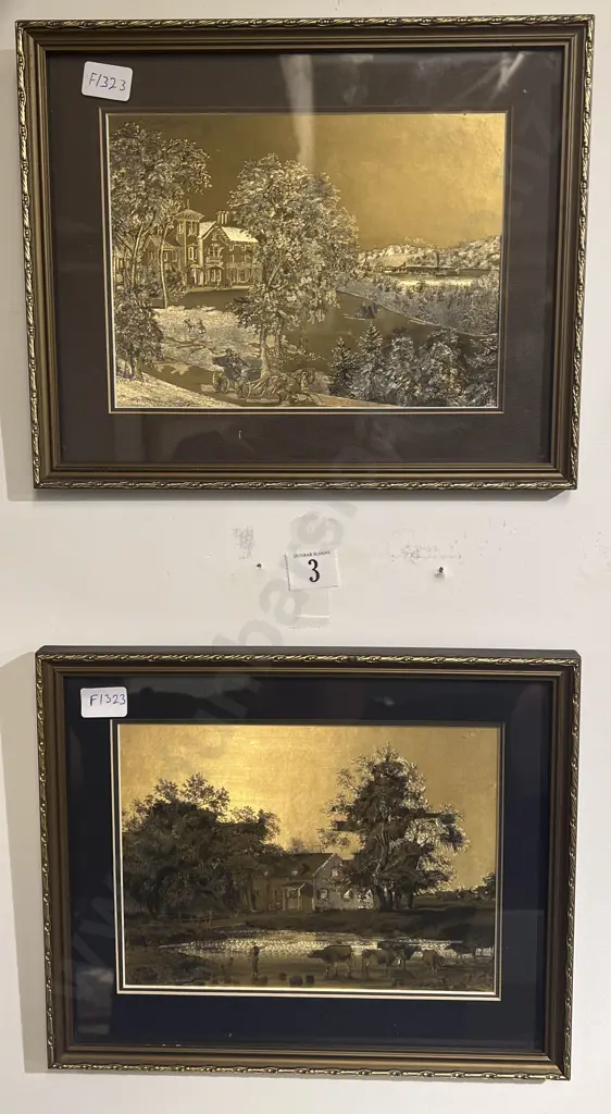 Pair of Country Scene Prints on Silk Image 1++