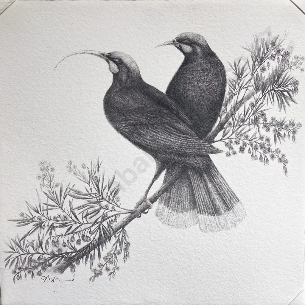 Hannah Shand "Huia's Perched in a Hianu Tree" Pen on Paper Print Image 1++