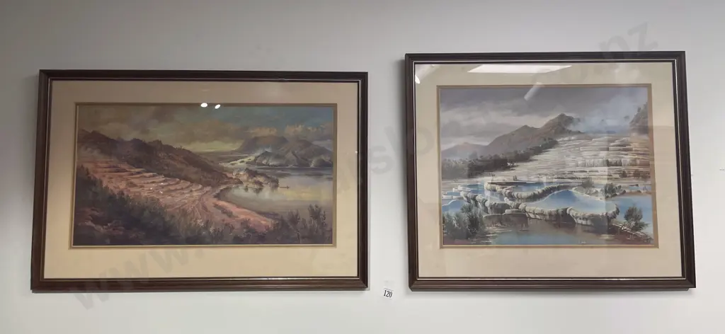 Two Framed Vintage Prints Pink and White Terraces Image 1++