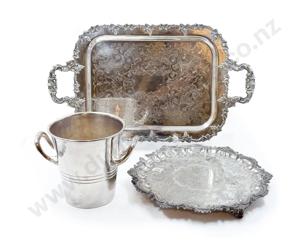 S/P Double Handled Tray together with Ornate Footed Salver and Champagne Bucket Image 1++