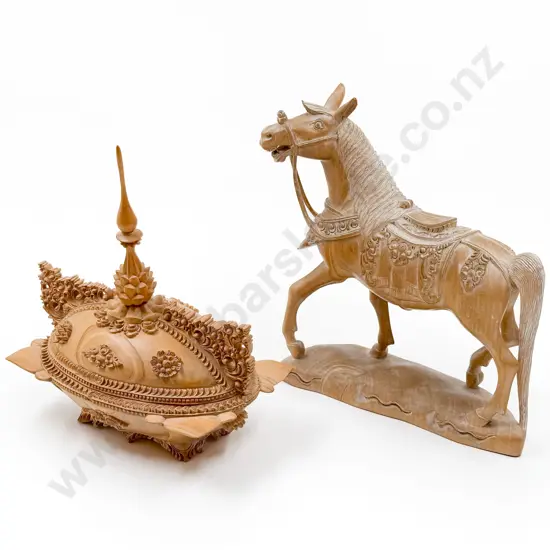 Carved Wooden Temple Lion and Two Others