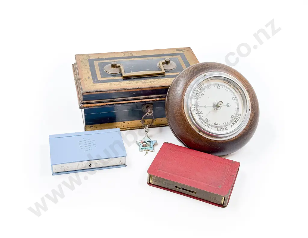 Berometer with Vintage Cash Box and Two Post Office Saving Banks Image 1++