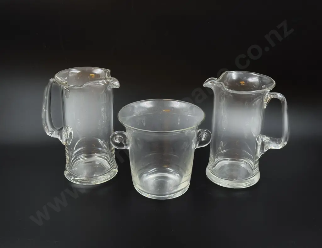 Pair of Pinched Glass Jugs and Ice Bucket Image 1++