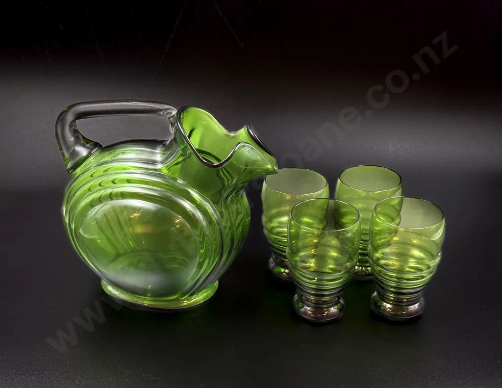 Mid 20th Century Green Glass Jug and Four Matching Cups Image 1++