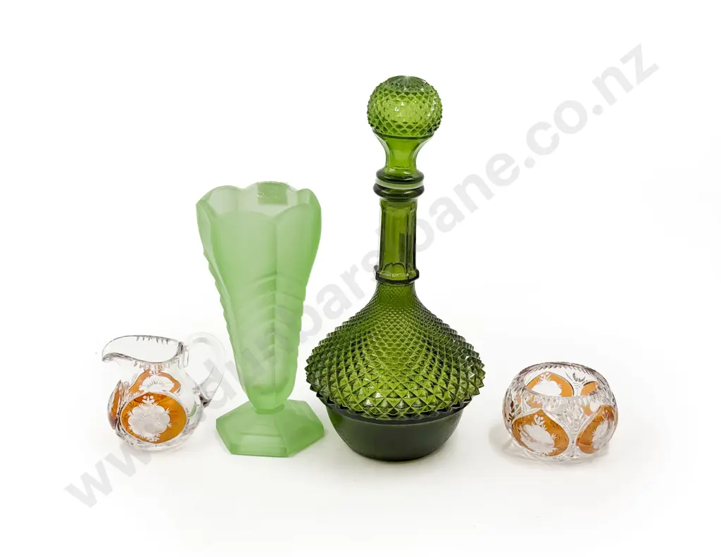 Green Glass Decanter with Crest Glass Vase and Two Others Image 1++