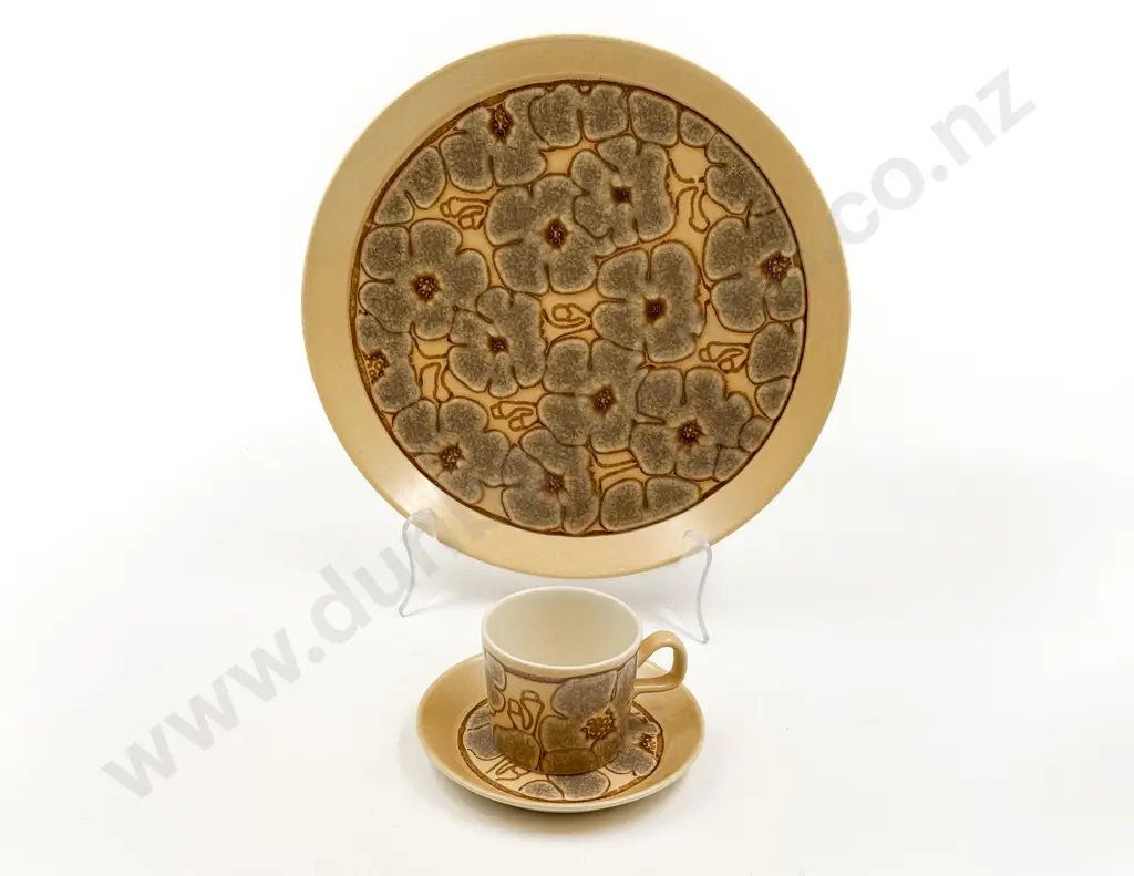 Crown Lynn Earthstone Cup and Saucer together with Matching Shallow Dish Image 1++