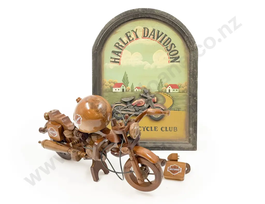 Wooden Harley Davidson Model together with Relief Moulded Sign Image 1++