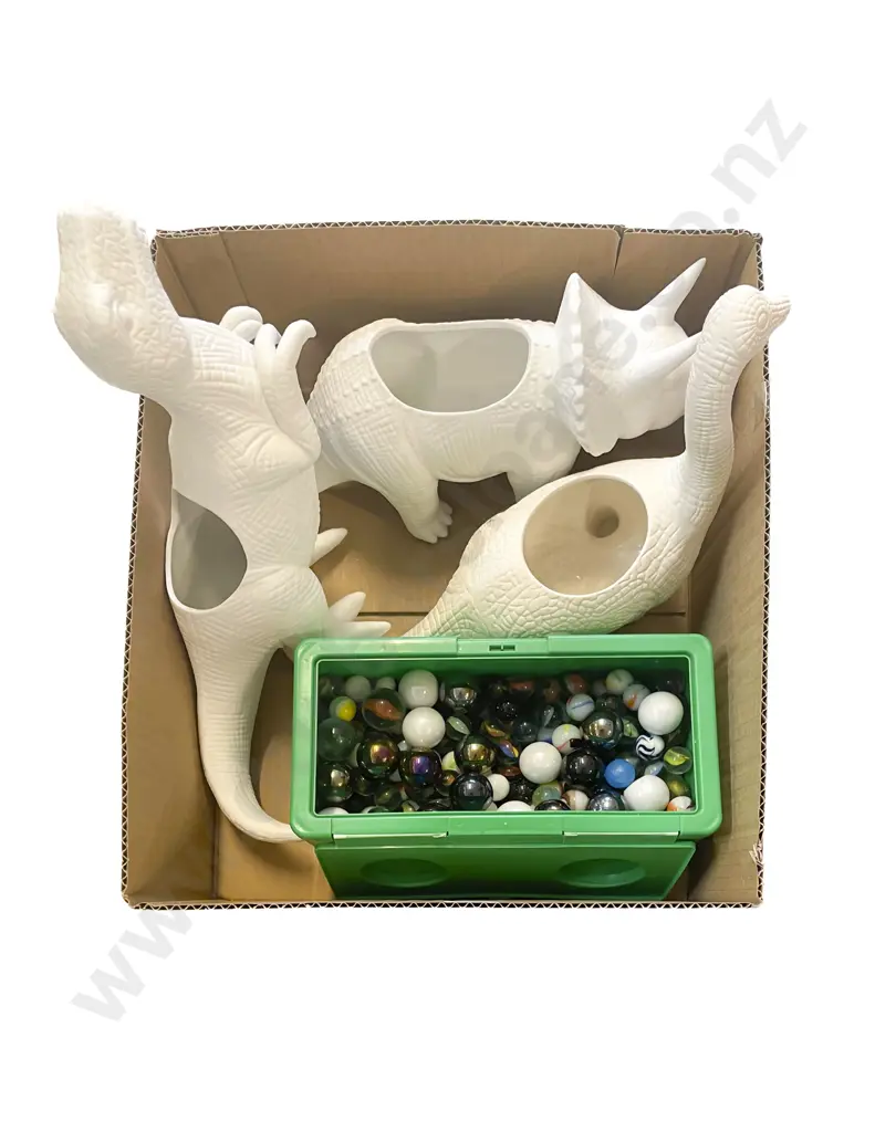Three Dinosaur Vases together with Container of Assorted Marbles Image 1++