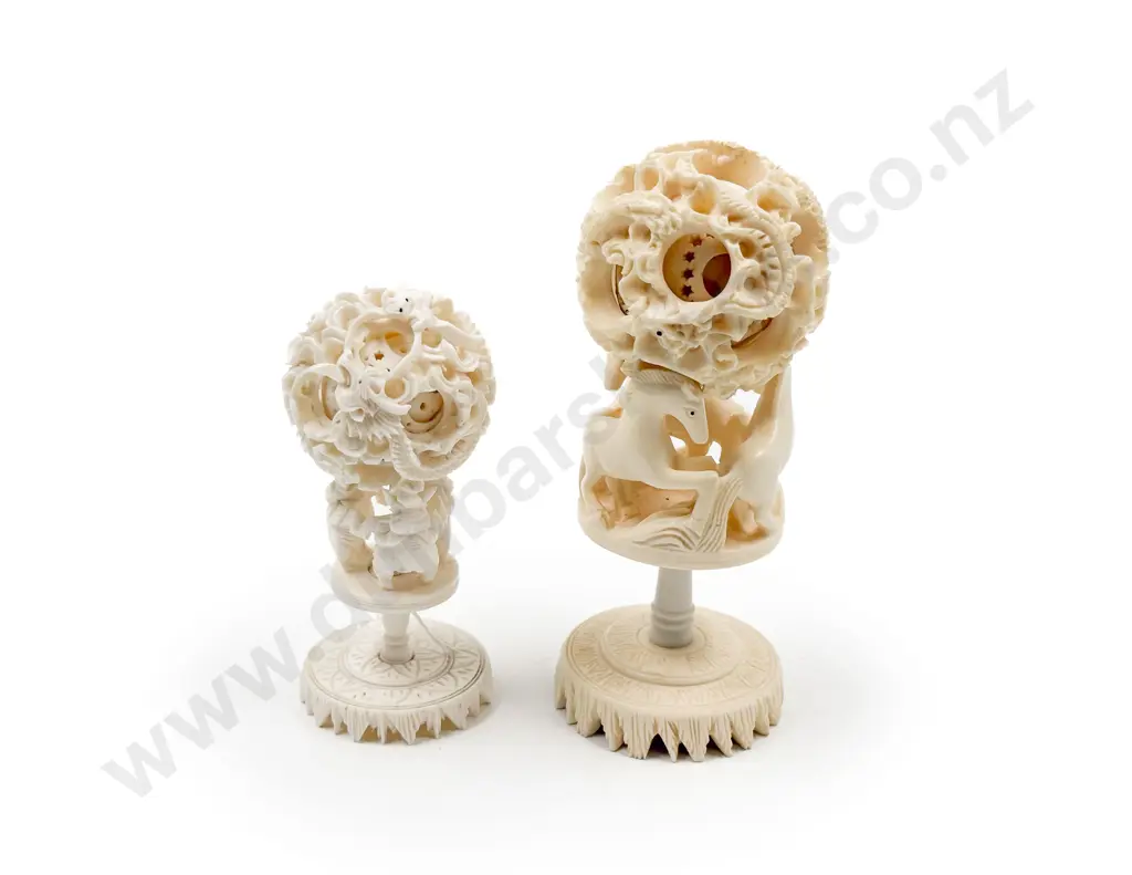 Ivory Puzzle Ball together with Larger Resin Puzzle Ball on Stands Image 1++